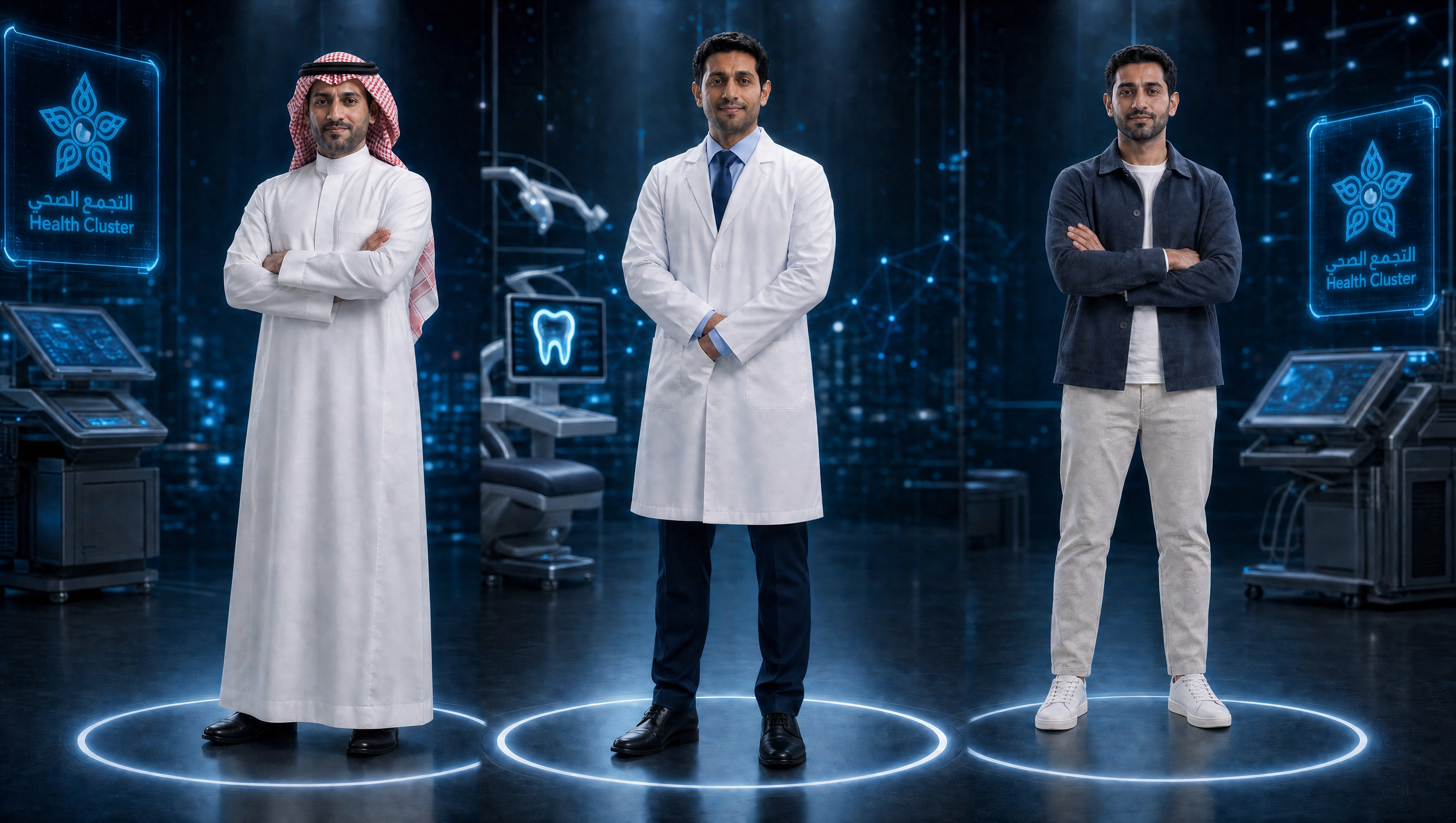 Health Cluster AI dental healthcare motion graphic with patient, dentist, and healthcare representative